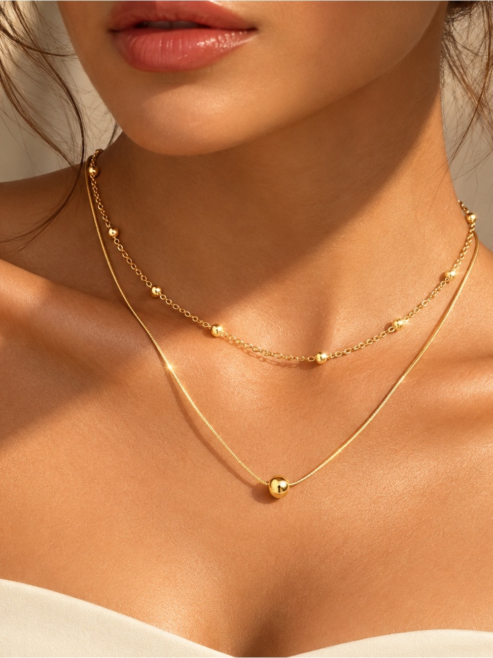 Dainty Layered Gold Necklace, Double Layer Beaded Necklace - Women Jewelry